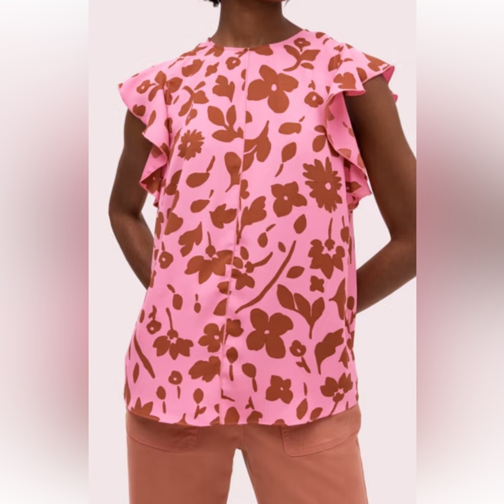 Kate Spade Floral Pink and Brown Ruffle Sleeve Top
